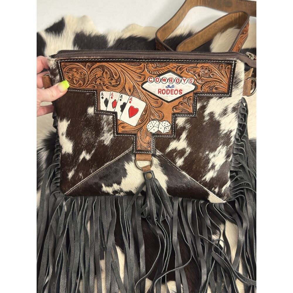 Cow Hide Tooled Leather Ace Cards Conceal Carry Crossbody Handbag Cowboys Rodeos